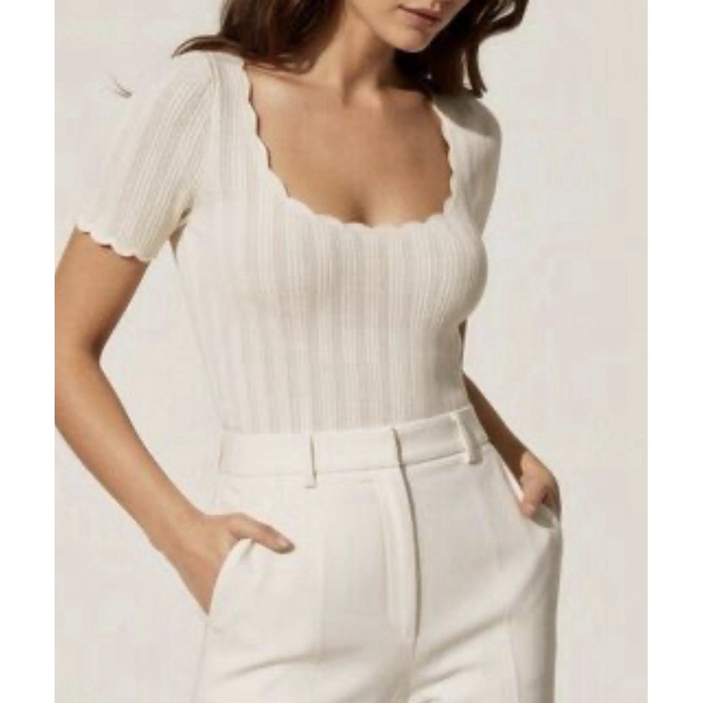 Sezane Women's XL Anil Jumper Ecru Cream Ivory Top Short Sleeve Sweater Knit
